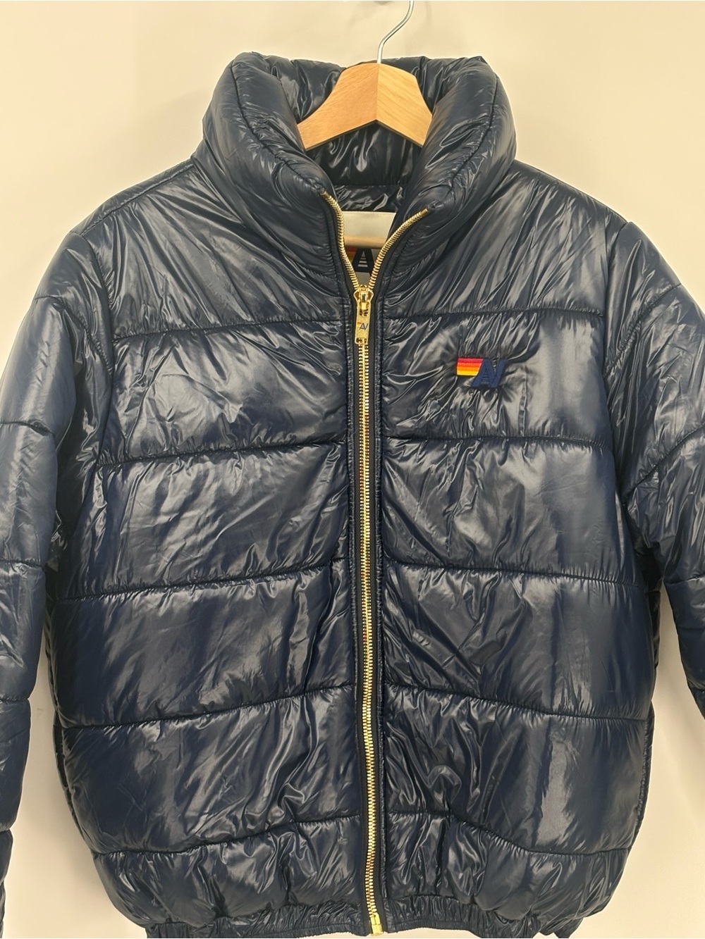 Aviator Nation Bolt Luxe puffer navy yellow glossy jacket /Coat Medium - Picture 5 of 9